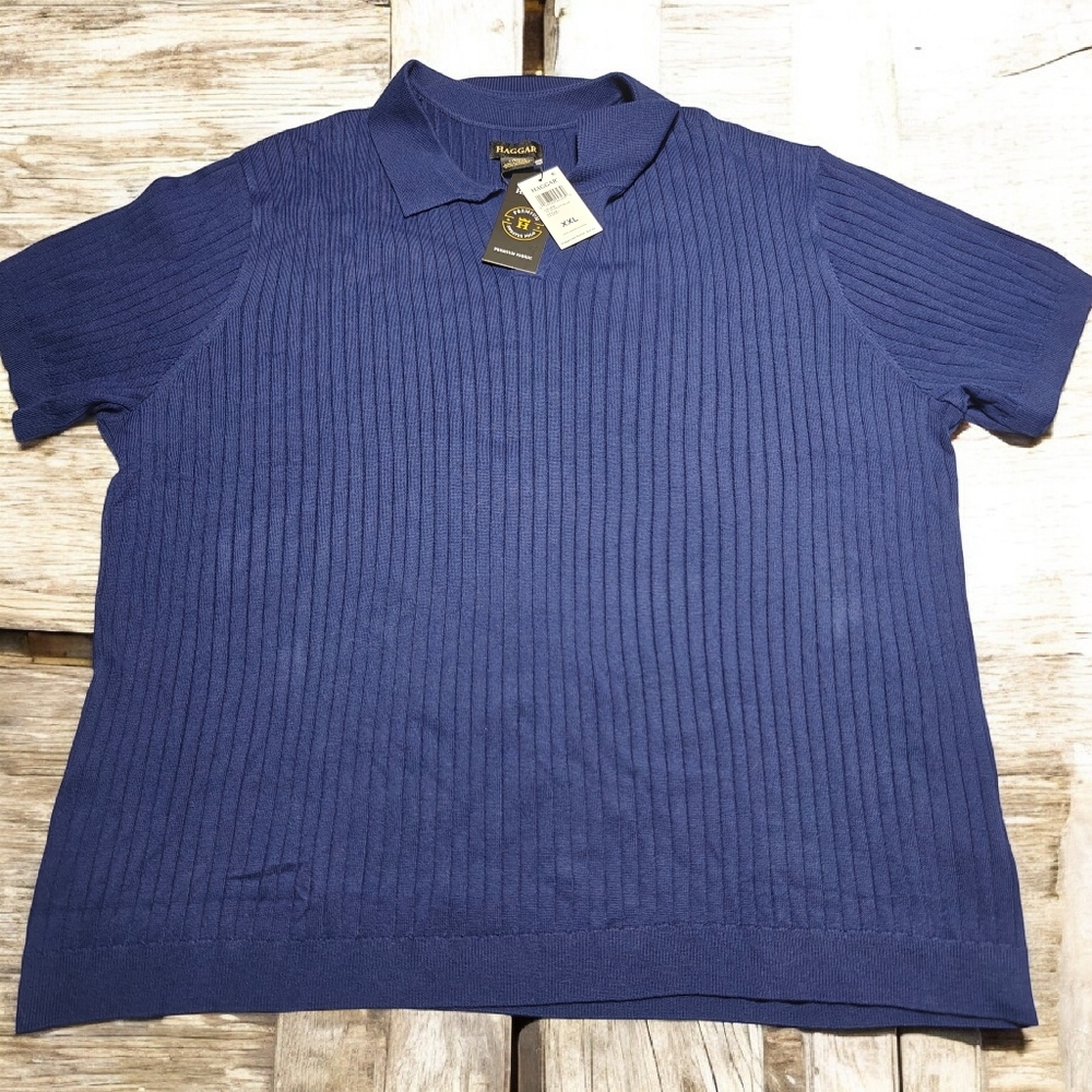 NWT Haggar Men's XXL Navy Blue Ribbed Sweater Polo Shirt
